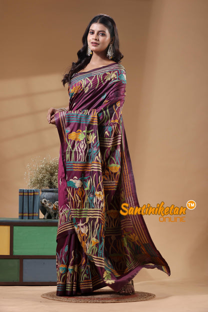 Bangalore Silk Kantha Stitch Saree
