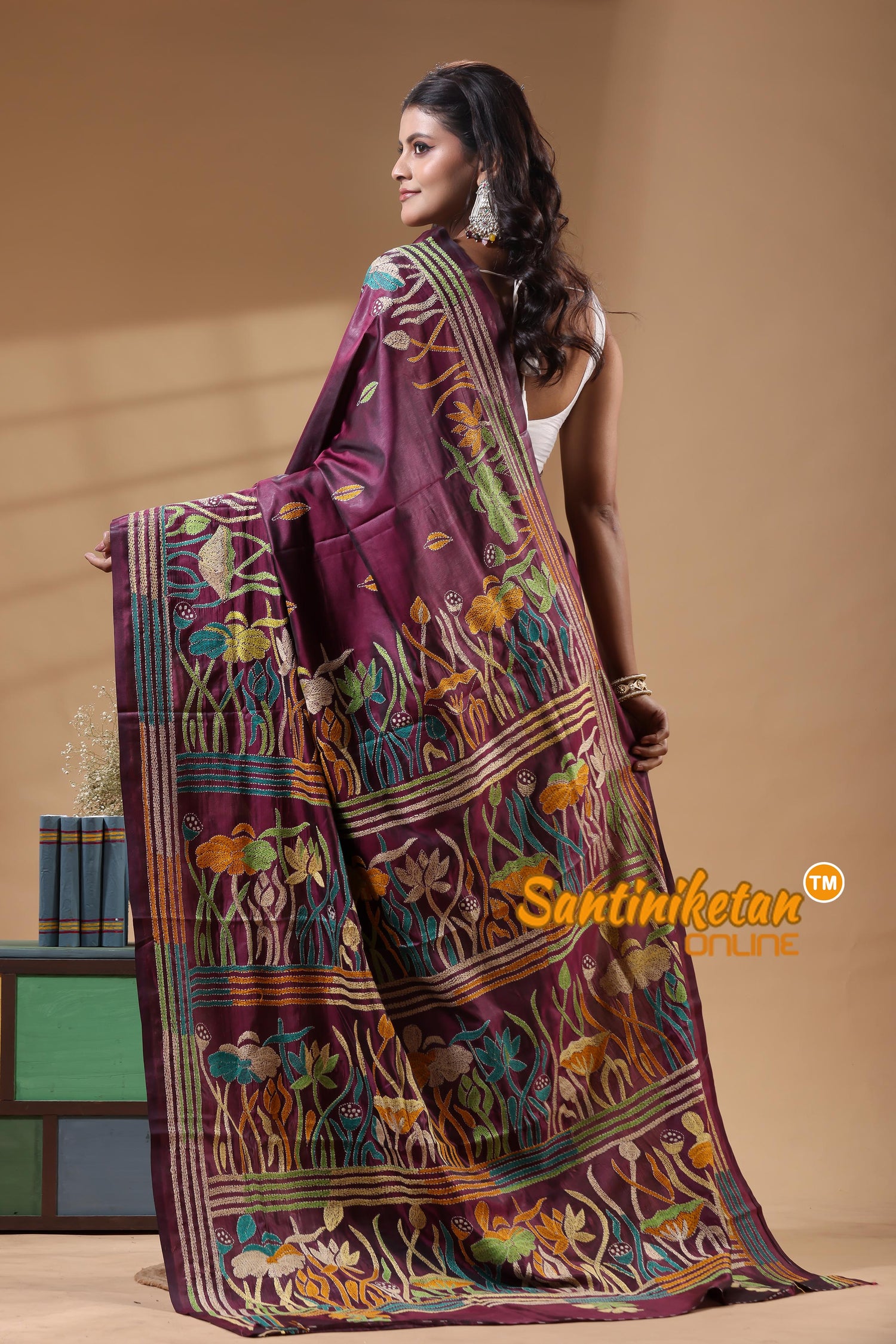Bangalore Silk Kantha Stitch Saree