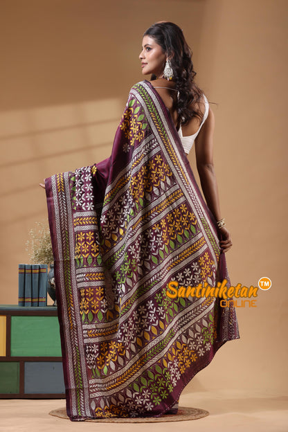 Bangalore Silk Kantha Stitch Saree