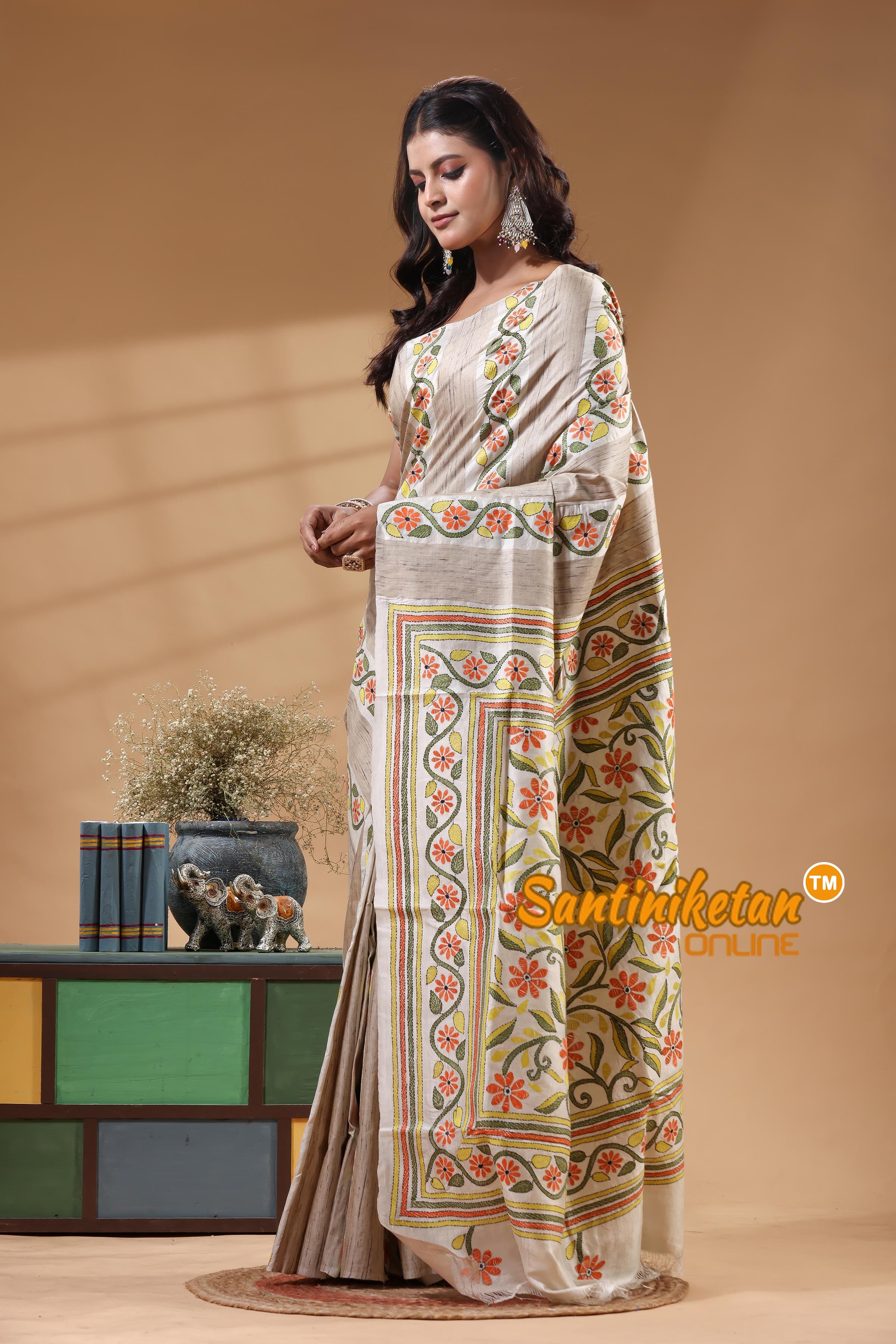 Bishnupuri (Katan) Silk Kantha Stitch Saree