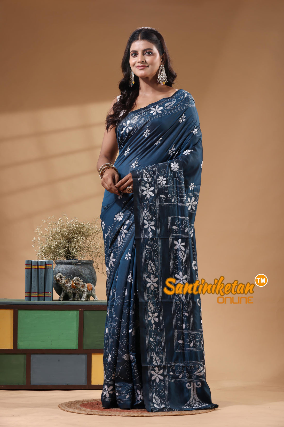 Bangalore Silk Kantha Stitch Saree