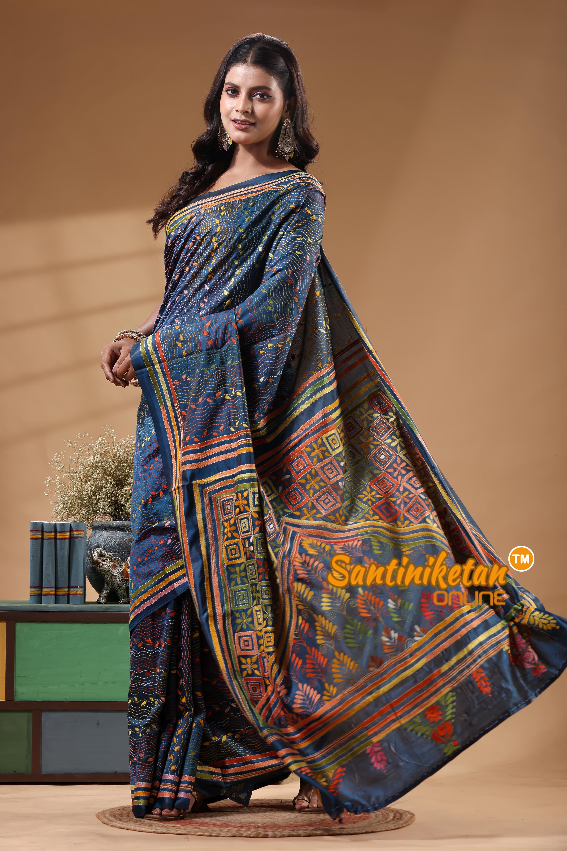 Bangalore Silk Kantha Stitch Saree