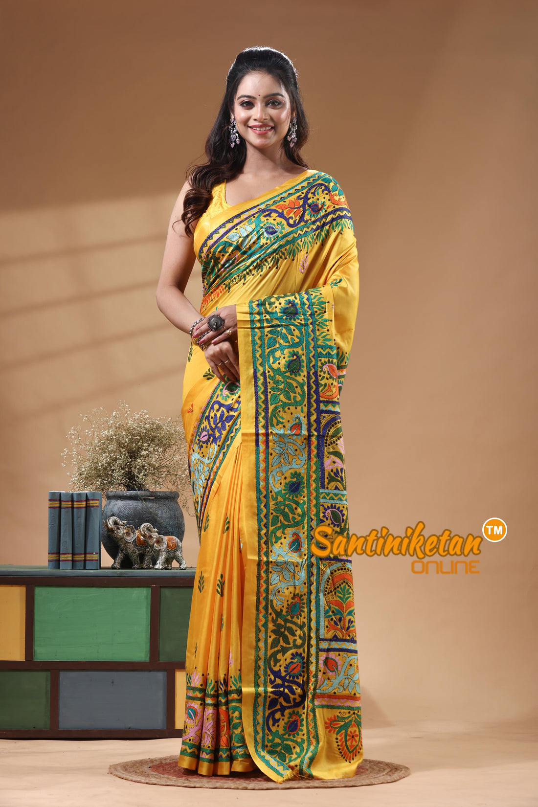 Bangalore Silk Kantha Stitch Saree