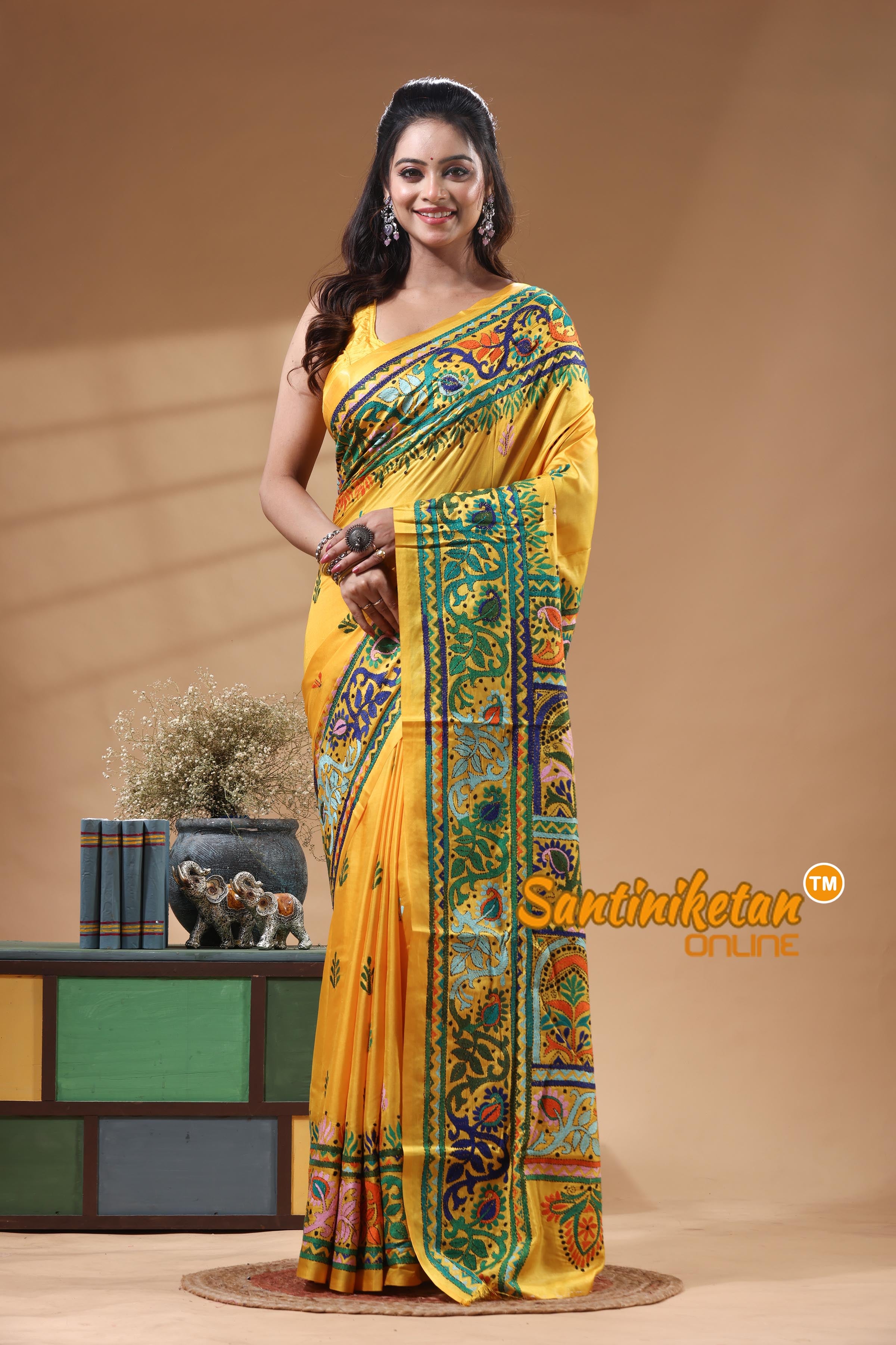 Bangalore Silk Kantha Stitch Saree