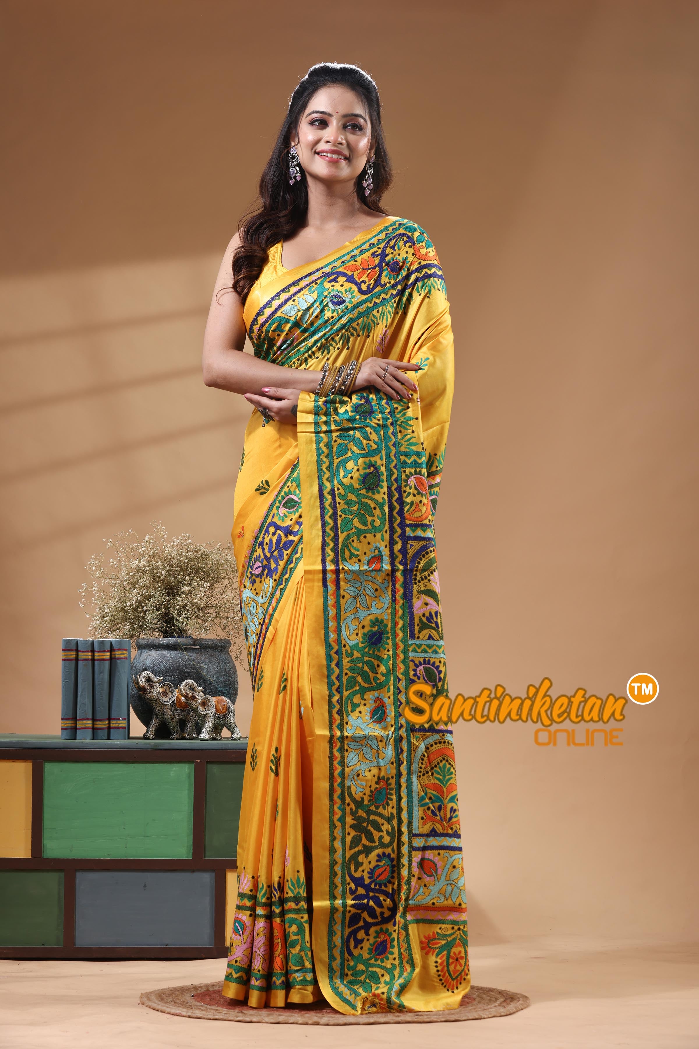 Bangalore Silk Kantha Stitch Saree