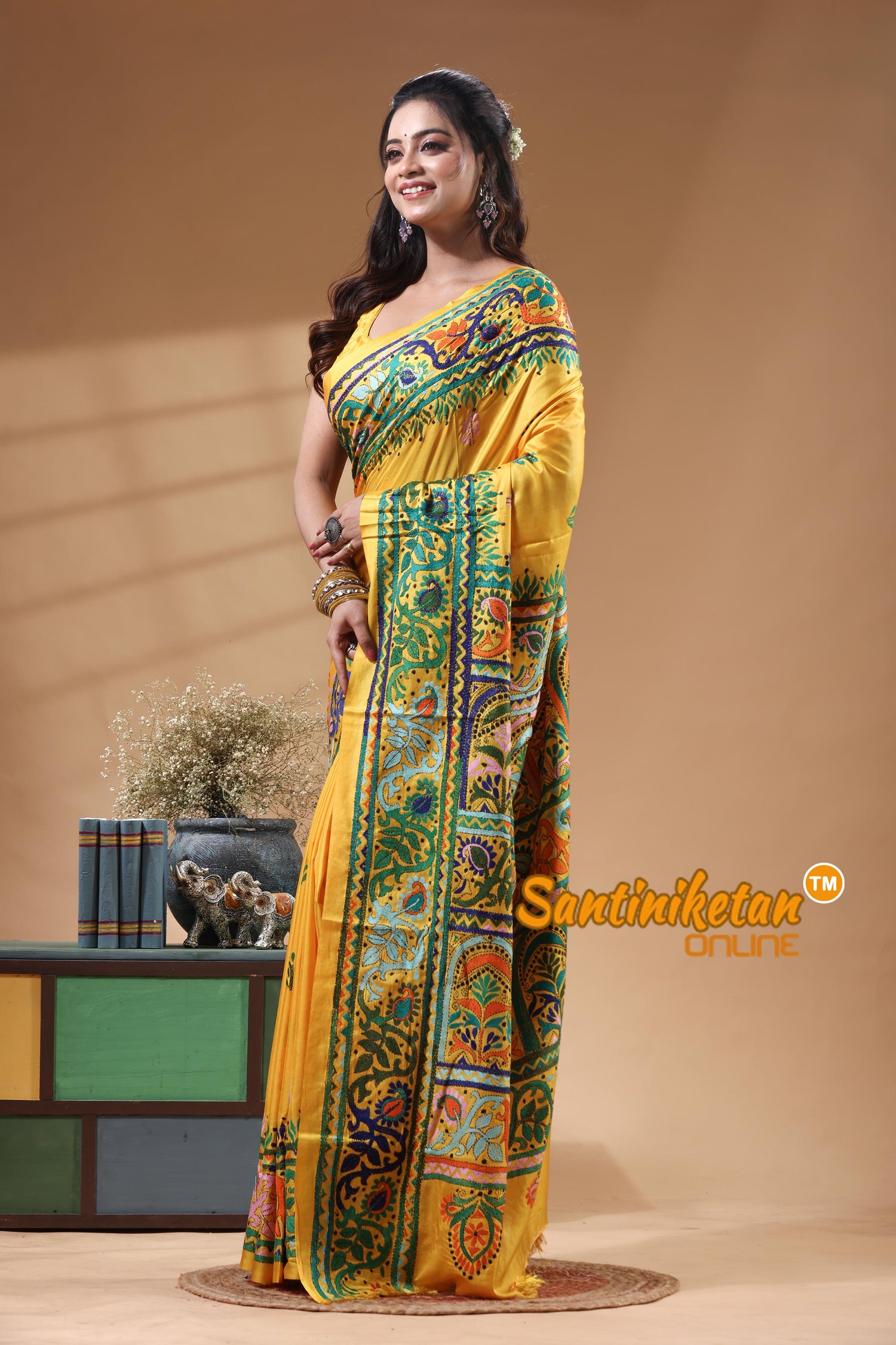 Bangalore Silk Kantha Stitch Saree