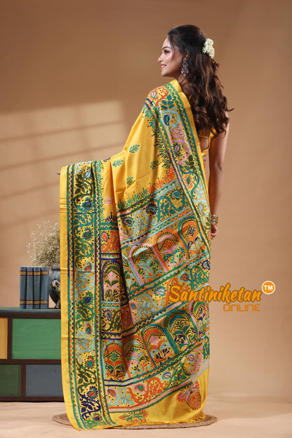Bangalore Silk Kantha Stitch Saree