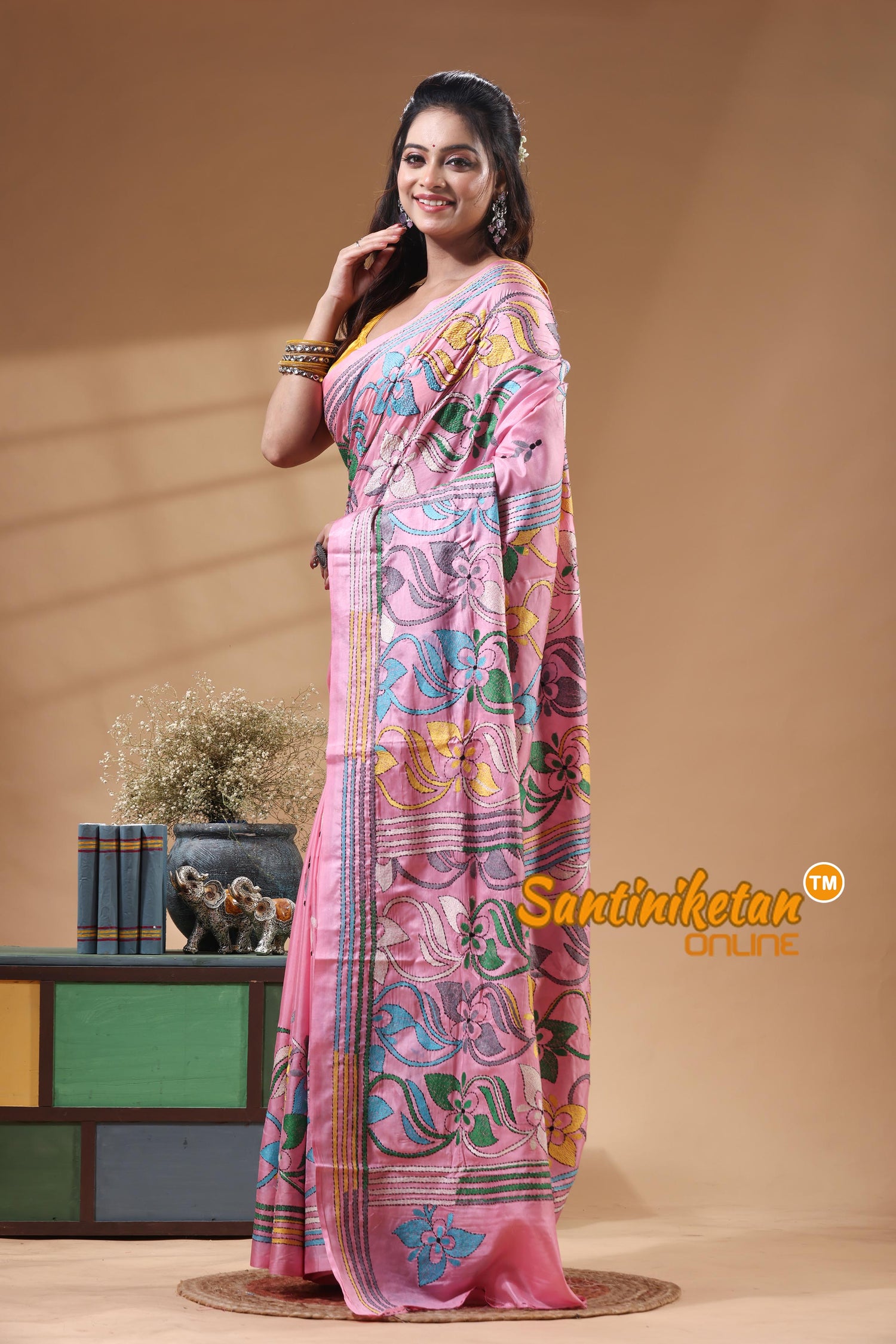 Bangalore Silk Kantha Stitch Saree