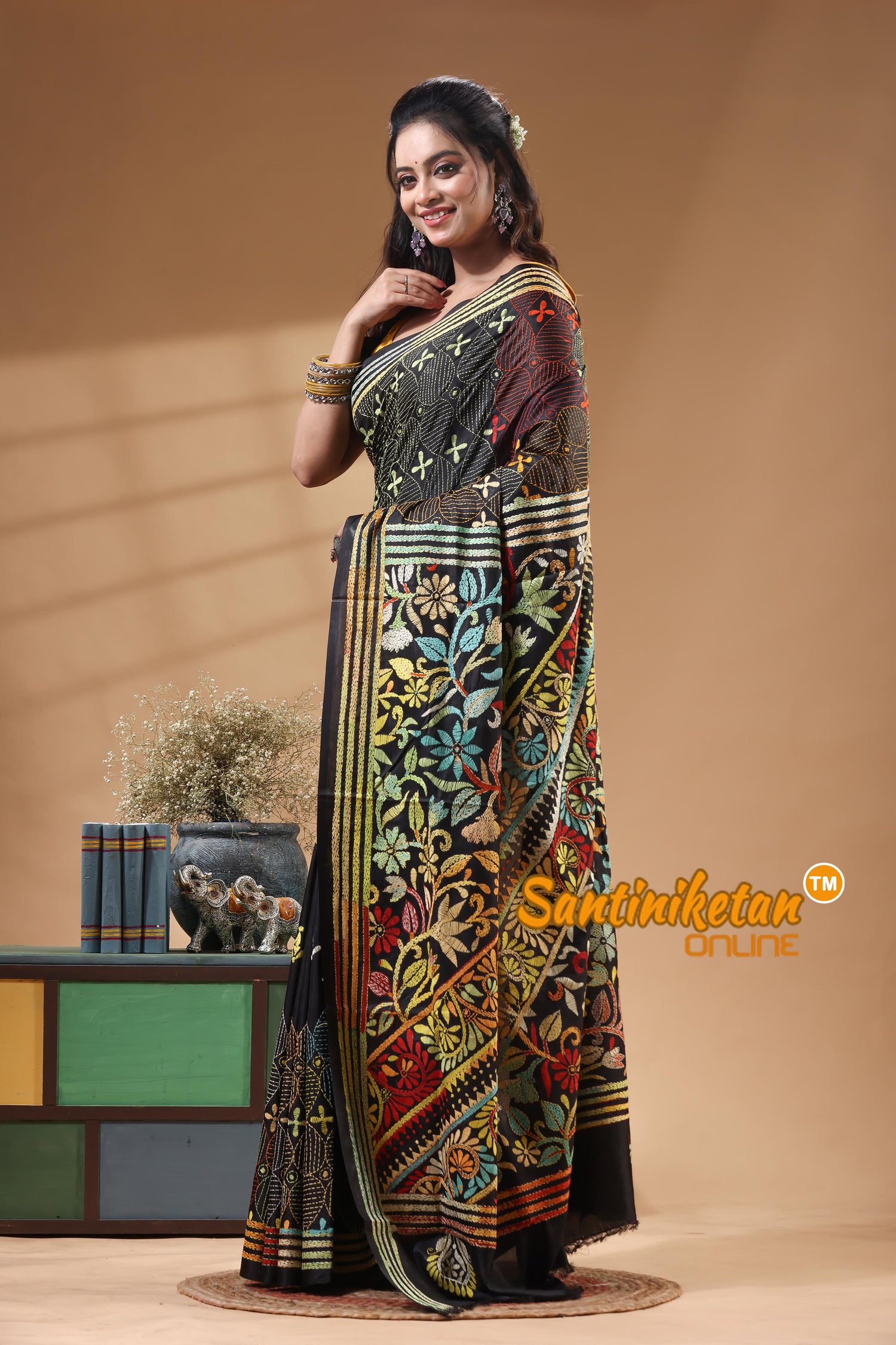Bangalore Silk Kantha Stitch Saree