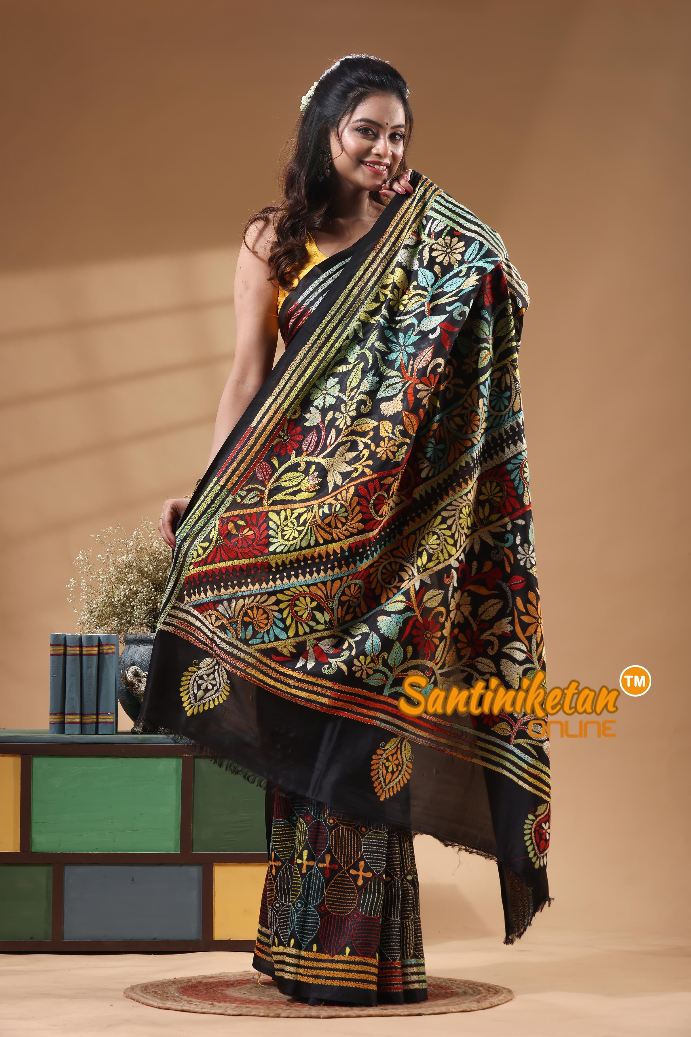 Bangalore Silk Kantha Stitch Saree
