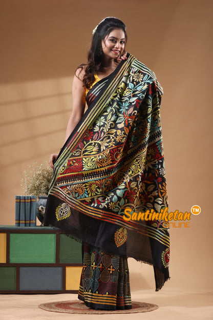Bangalore Silk Kantha Stitch Saree