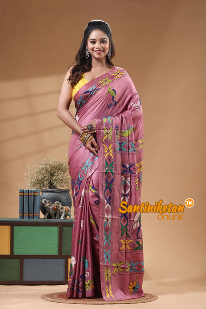 Bangalore Silk Kantha Stitch Saree