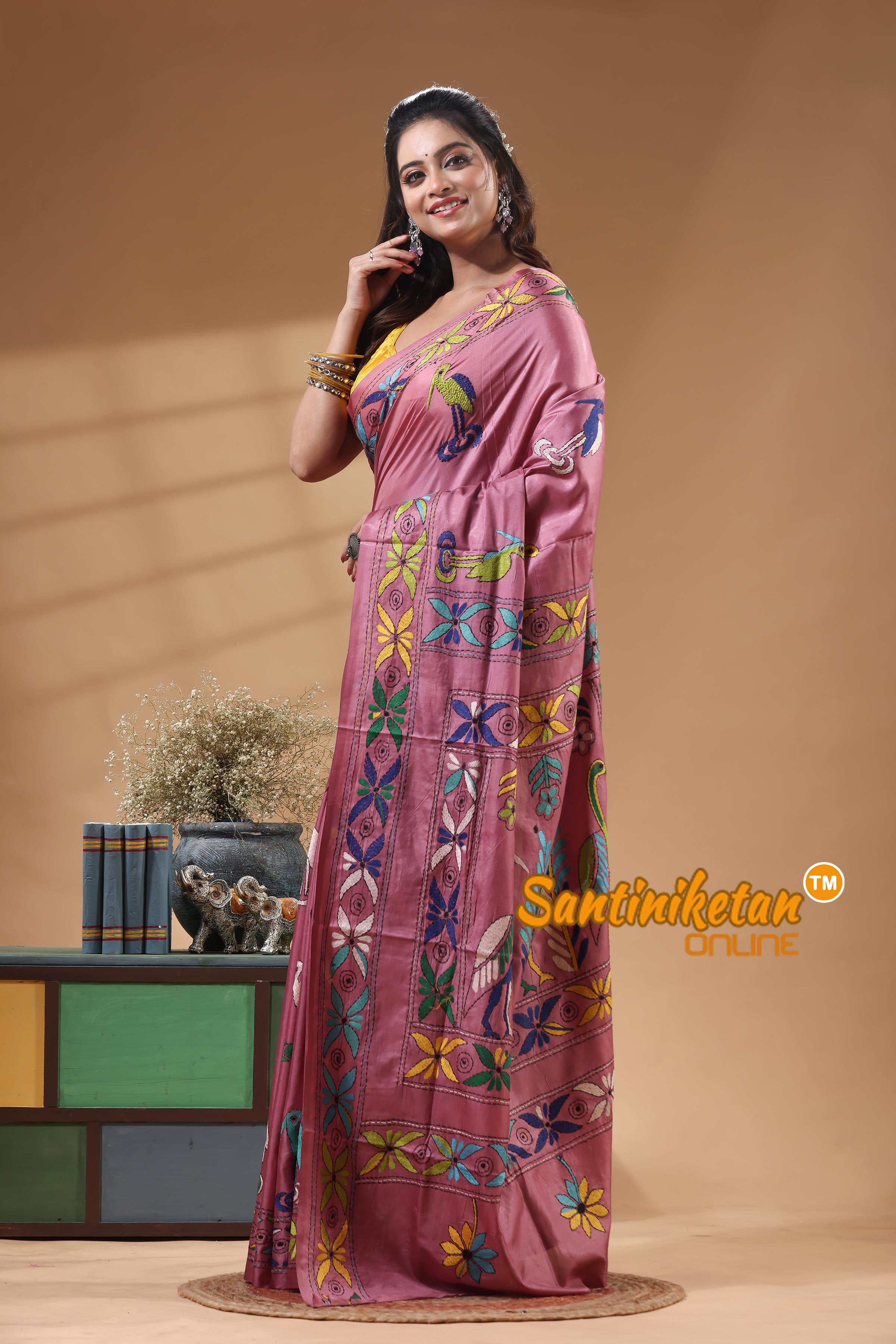 Bangalore Silk Kantha Stitch Saree