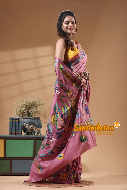 Bangalore Silk Kantha Stitch Saree
