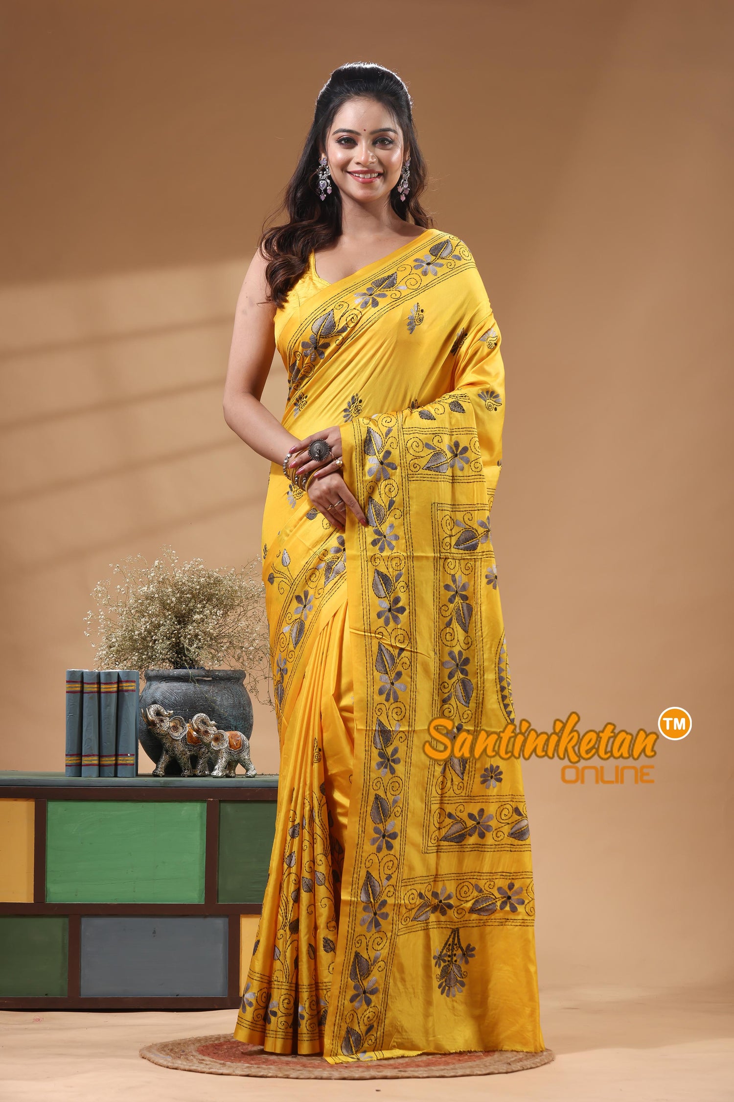 Bangalore Silk Kantha Stitch Saree
