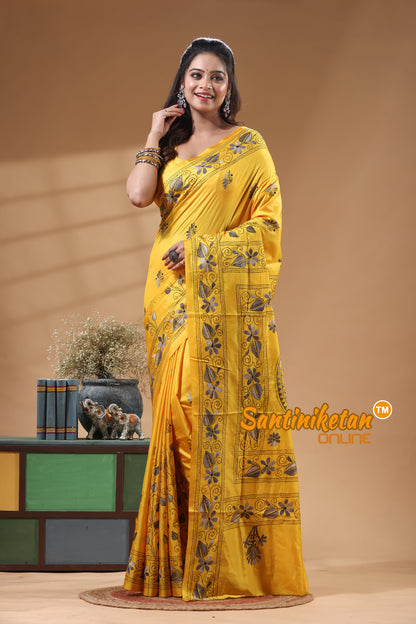 Bangalore Silk Kantha Stitch Saree