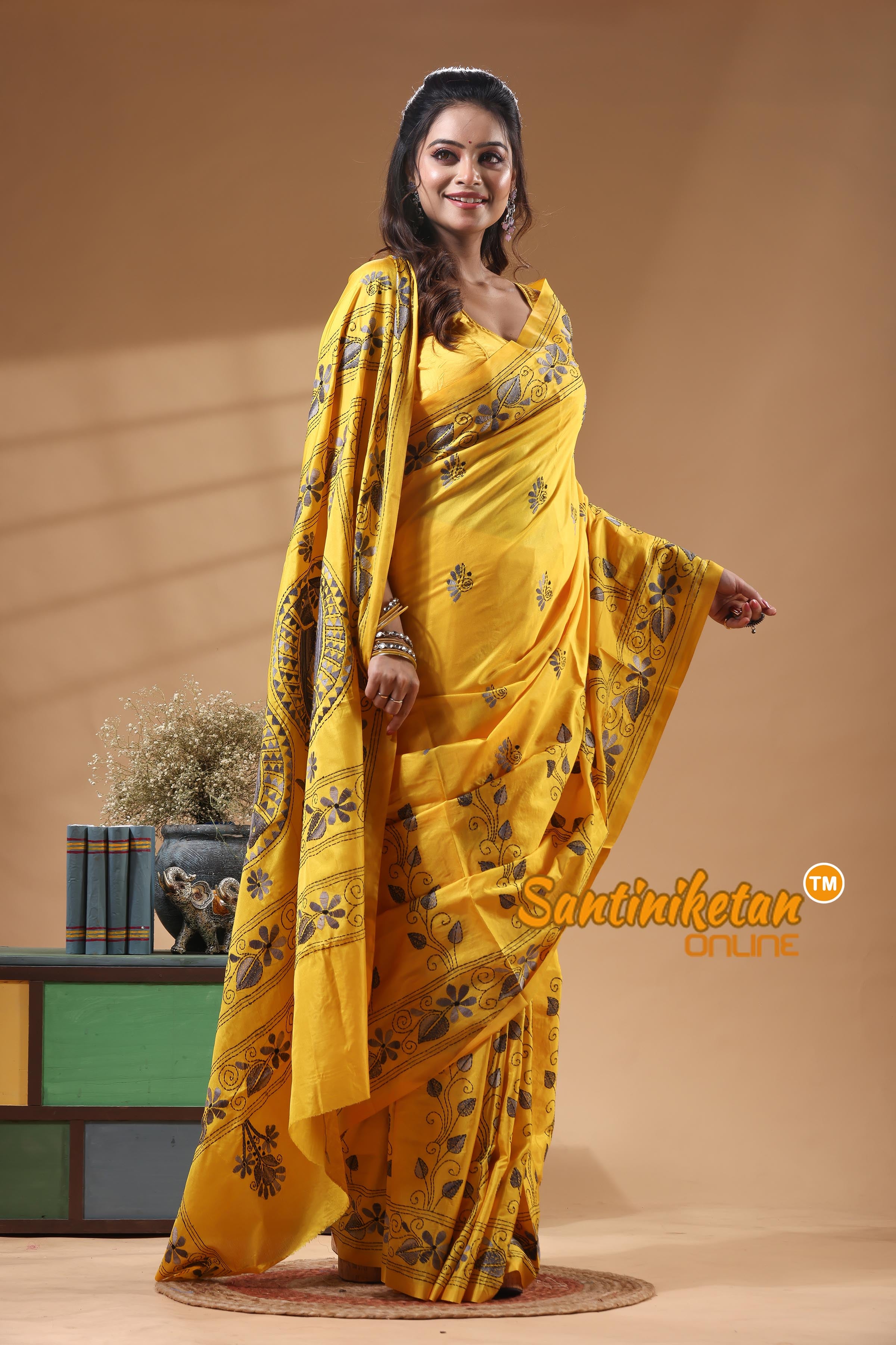 Bangalore Silk Kantha Stitch Saree