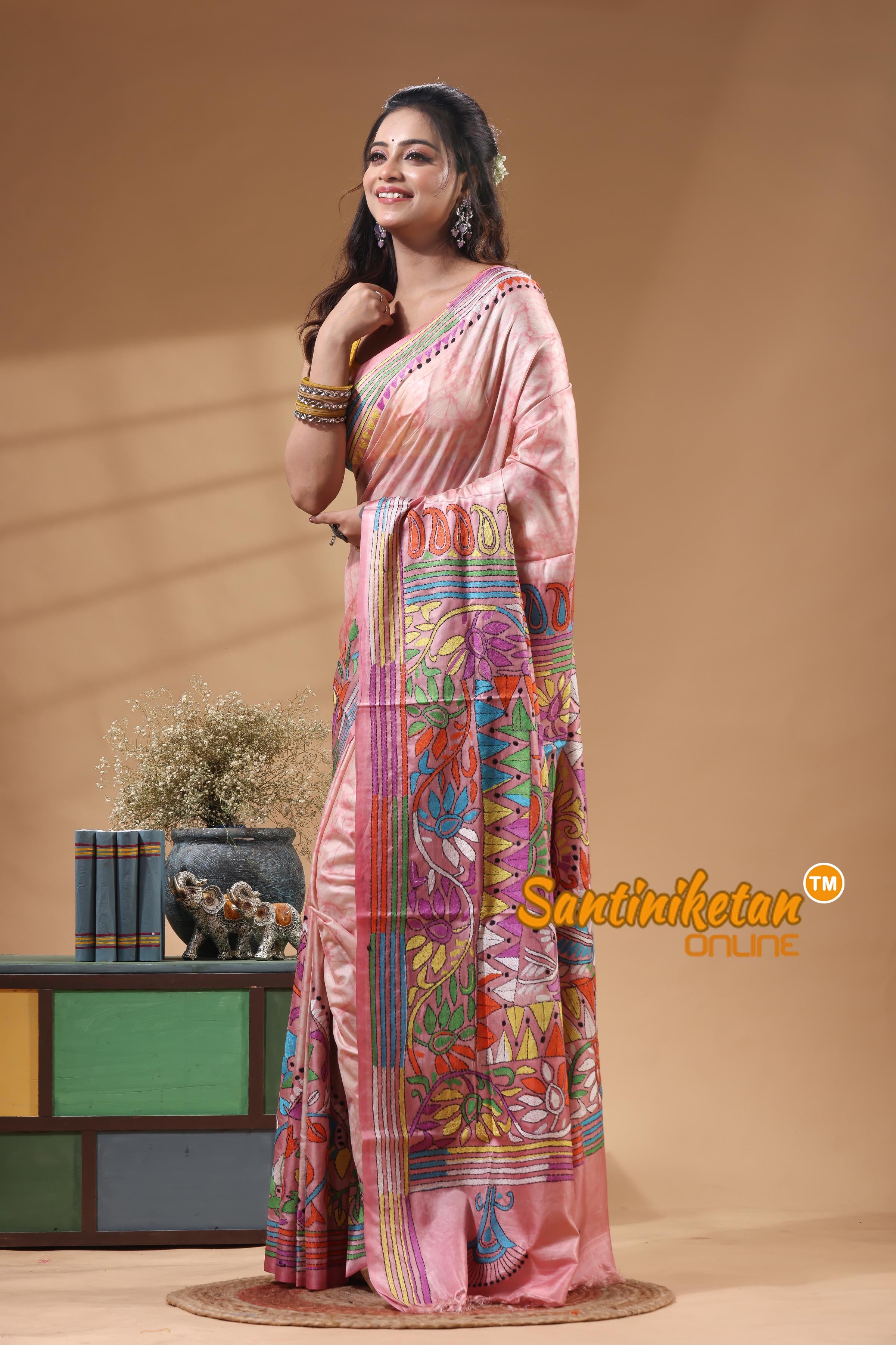 Bangalore Silk Batik Kantha Stitch Saree