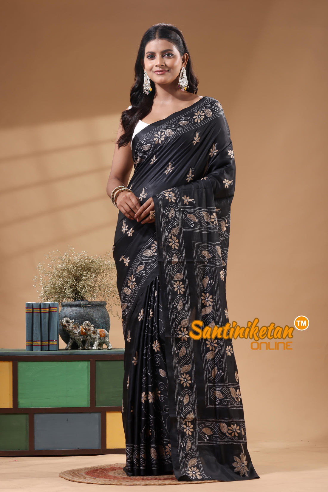 Bangalore Silk Kantha Stitch Saree