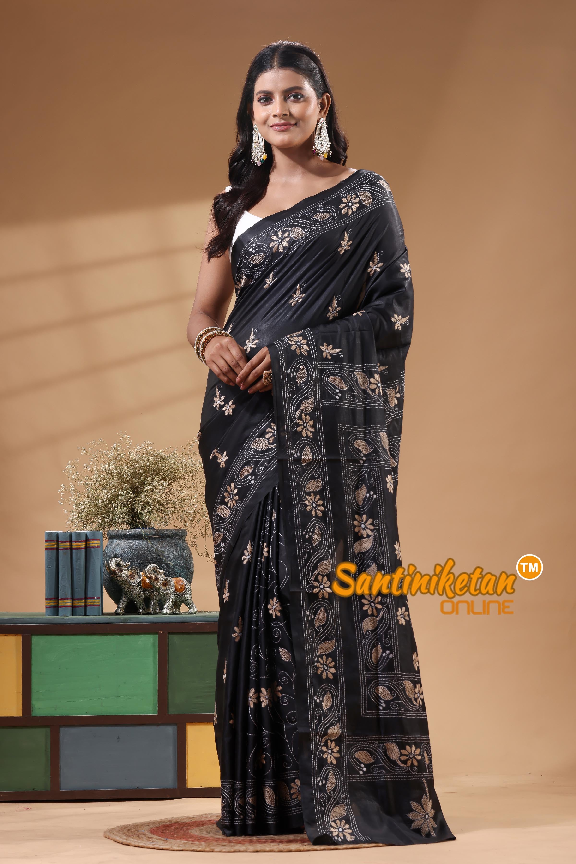 Bangalore Silk Kantha Stitch Saree