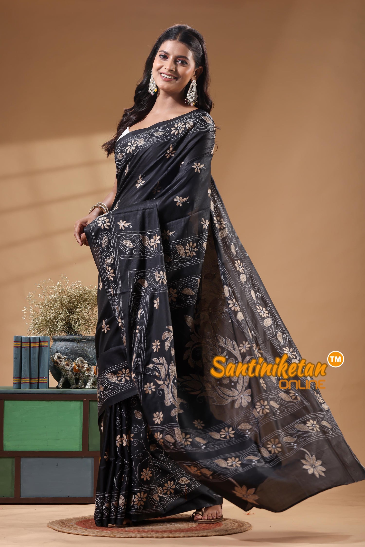 Bangalore Silk Kantha Stitch Saree