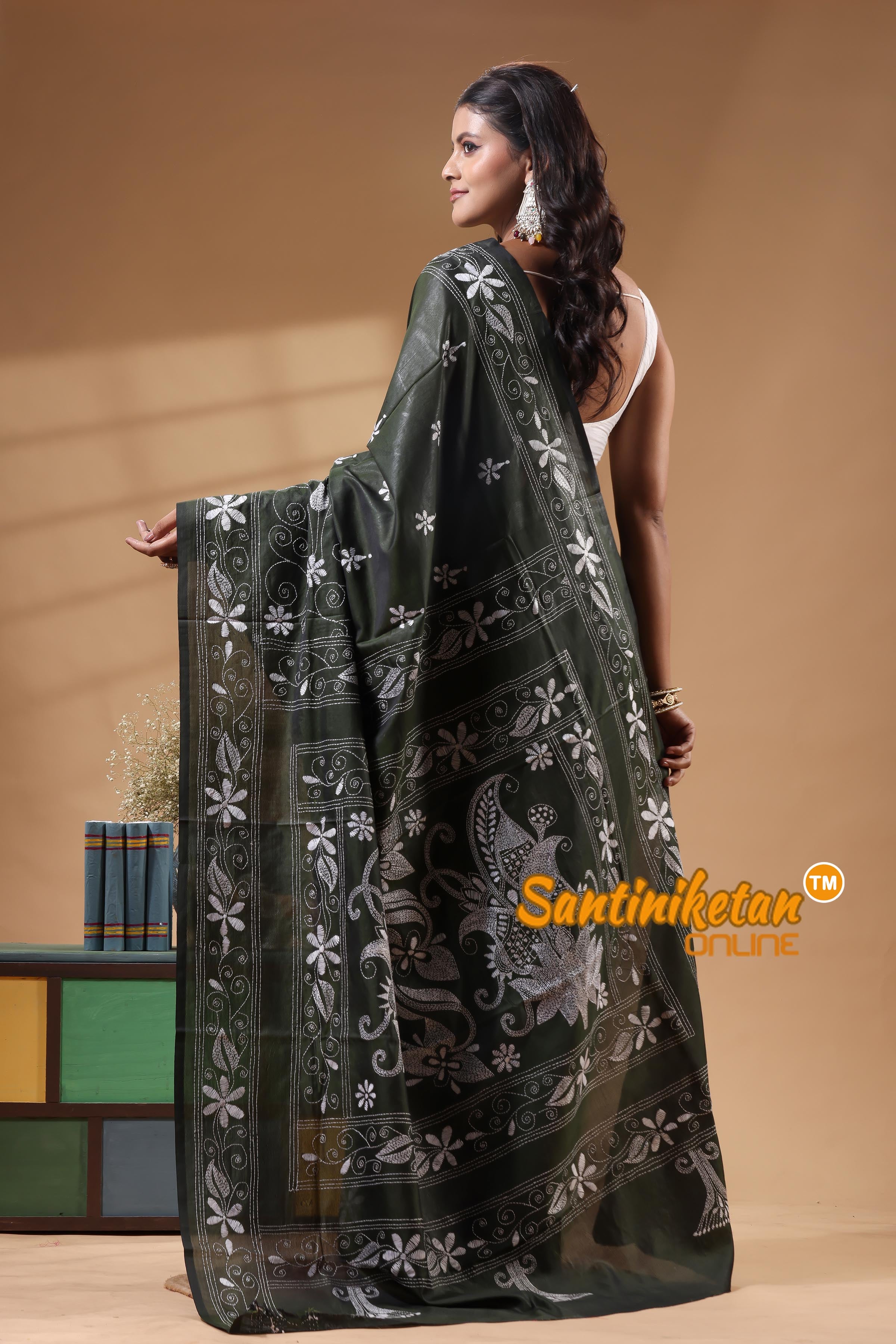 Bangalore Silk Kantha Stitch Saree