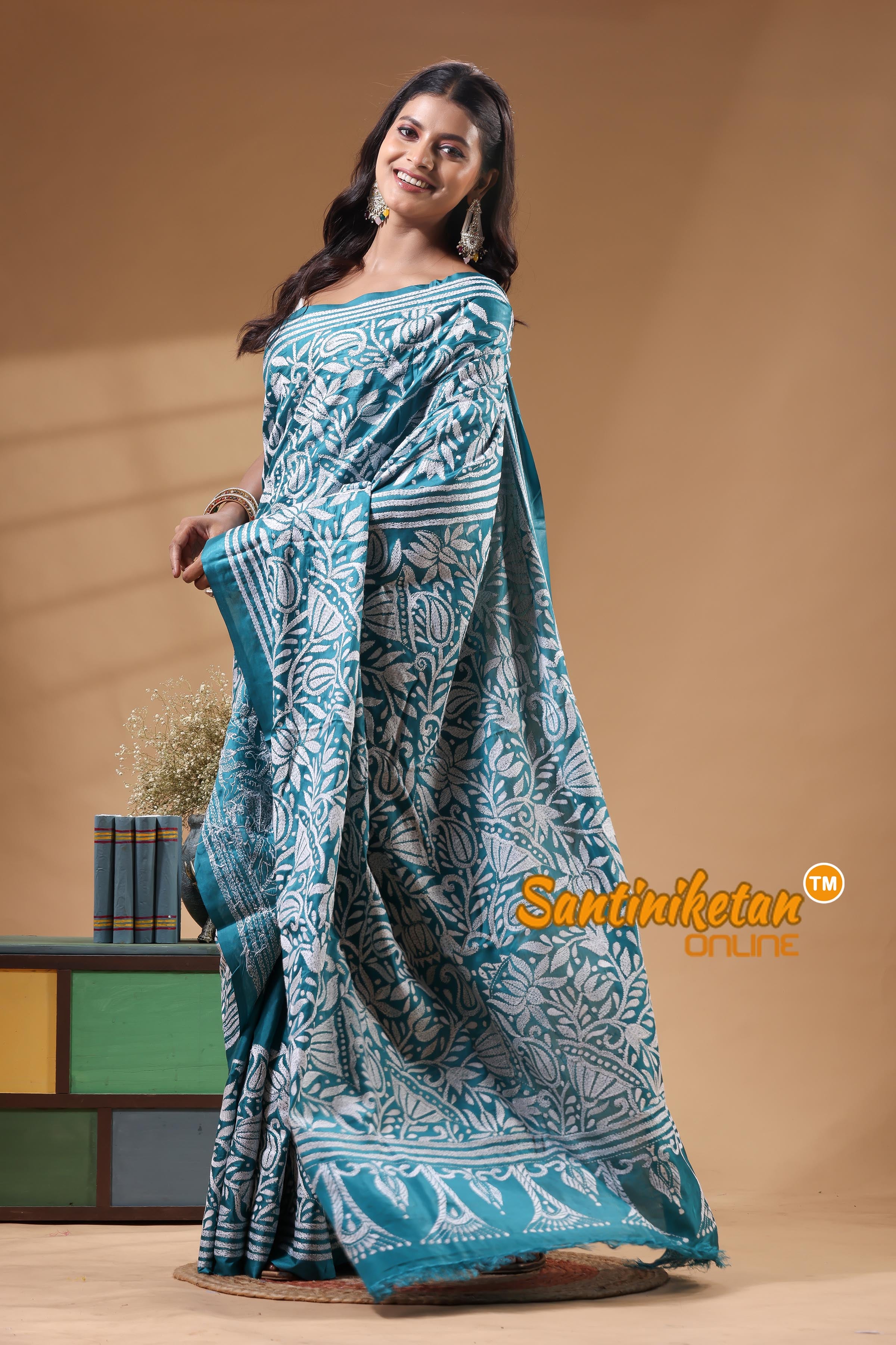 Bangalore Silk Kantha Stitch Saree