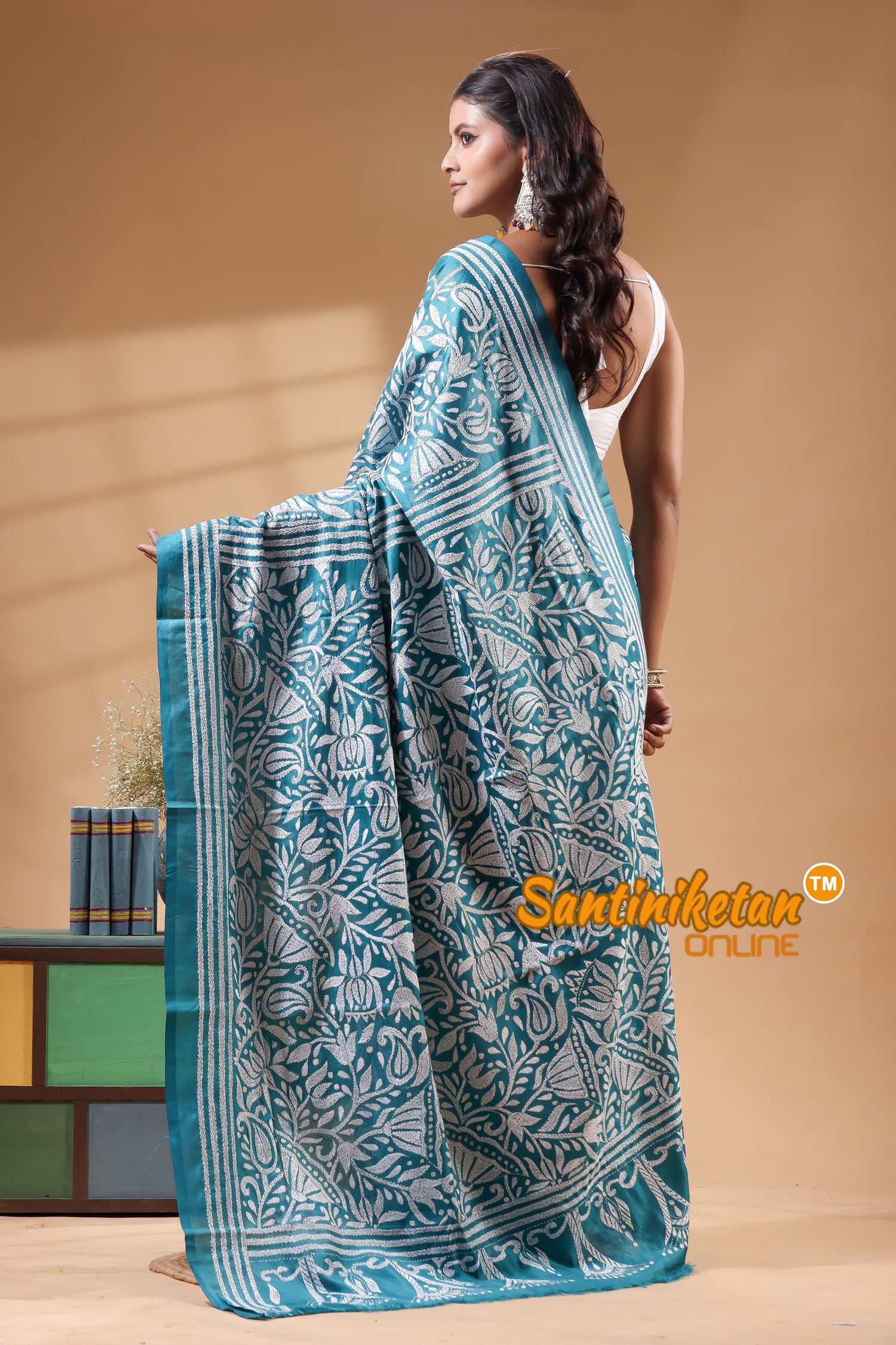Bangalore Silk Kantha Stitch Saree