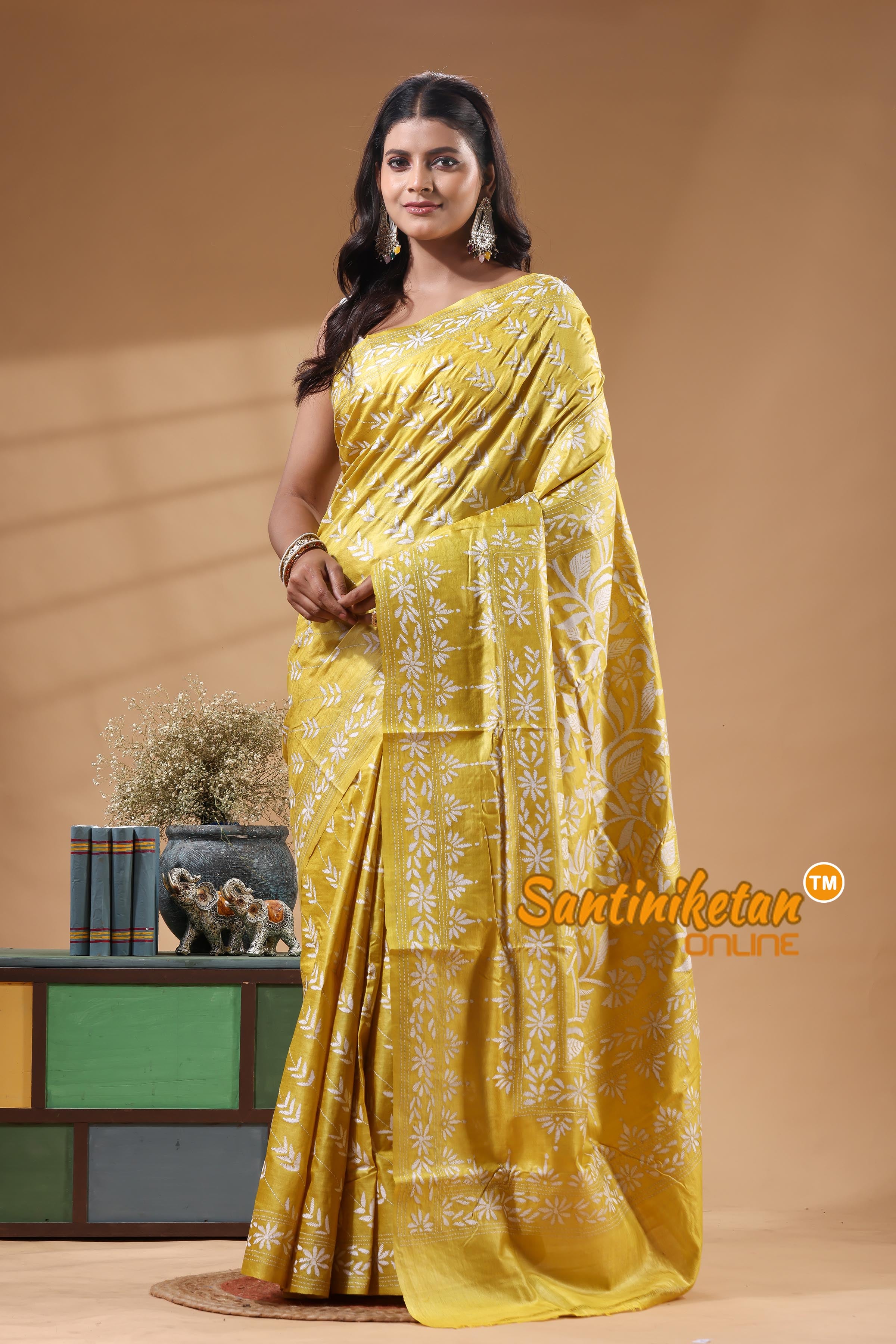 Pure Gachi Dye Tussar Silk Kantha Stitch Saree