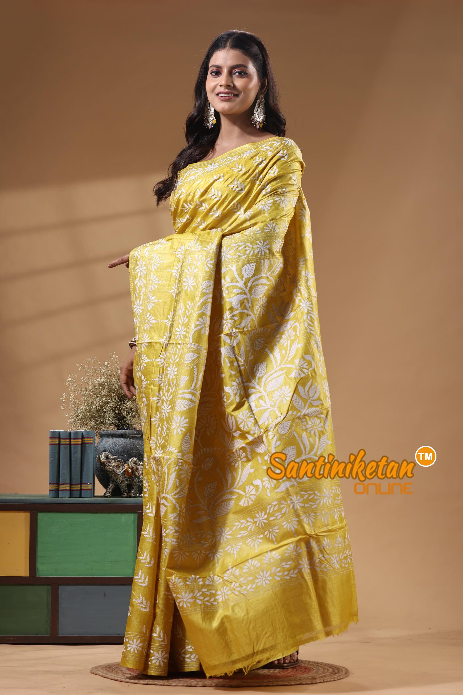 Pure Gachi Dye Tussar Silk Kantha Stitch Saree