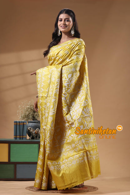Pure Gachi Dye Tussar Silk Kantha Stitch Saree