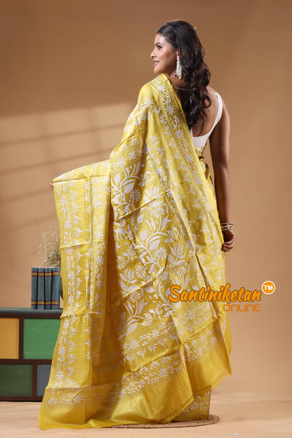 Pure Gachi Dye Tussar Silk Kantha Stitch Saree
