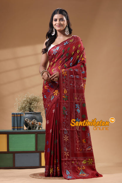 Bangalore Silk Kantha Stitch Saree