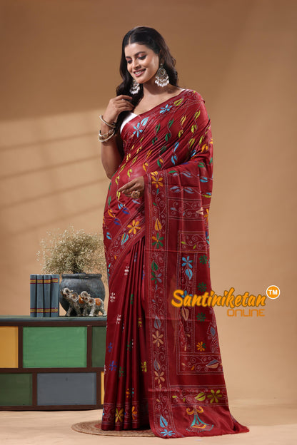 Bangalore Silk Kantha Stitch Saree