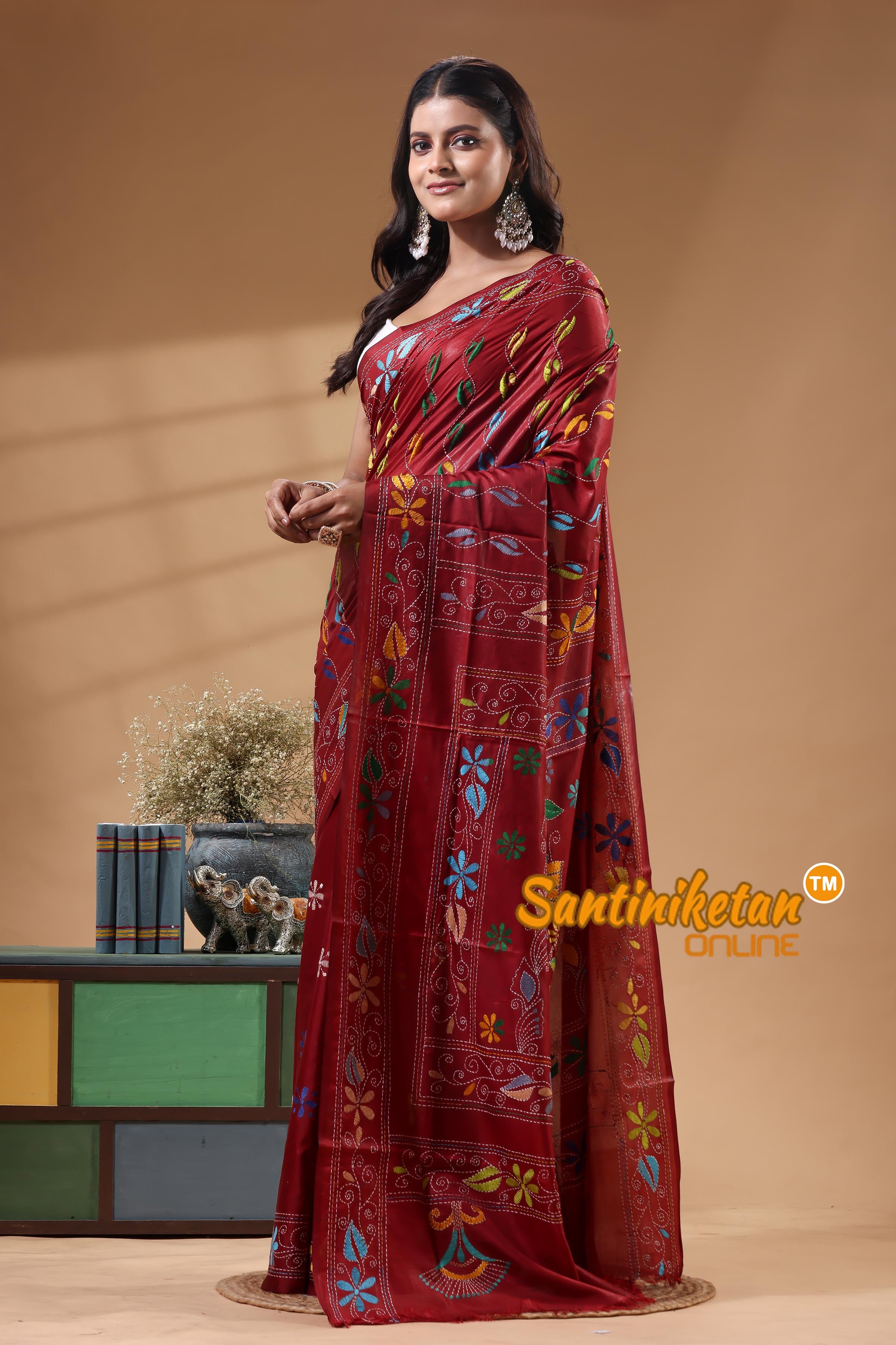 Bangalore Silk Kantha Stitch Saree
