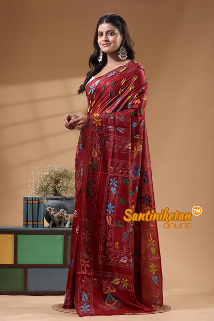 Bangalore Silk Kantha Stitch Saree