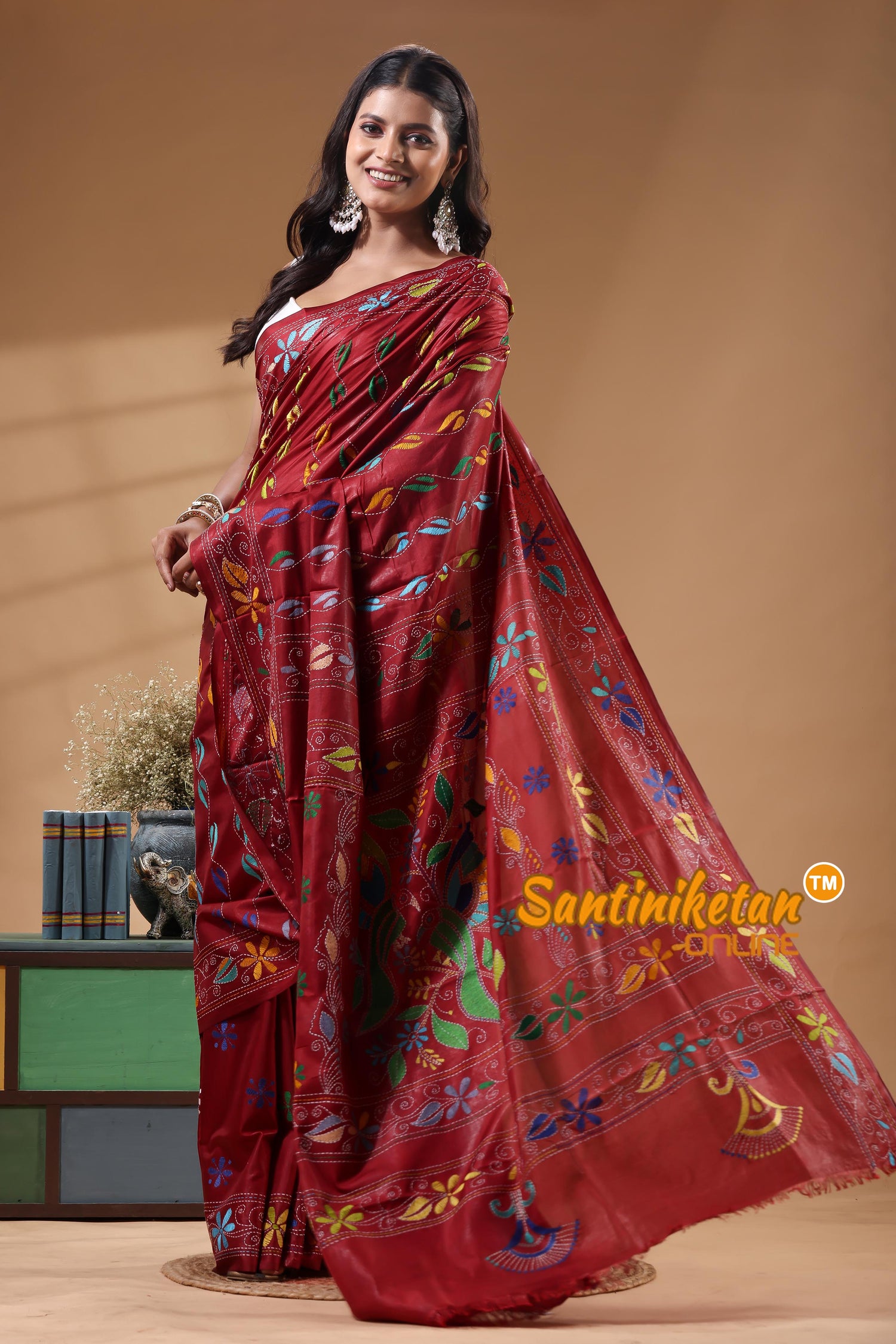 Bangalore Silk Kantha Stitch Saree