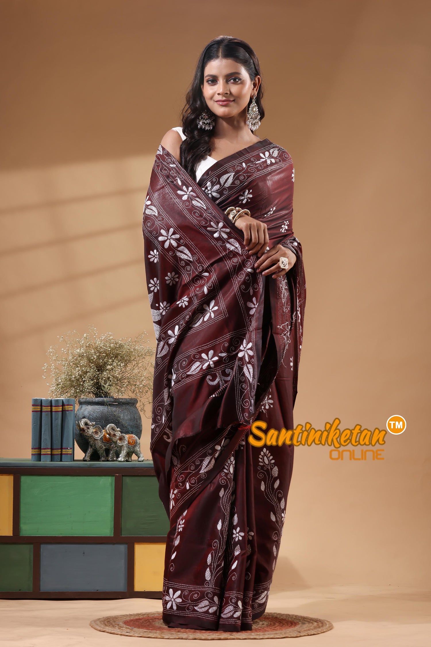 Bangalore Silk Kantha Stitch Saree