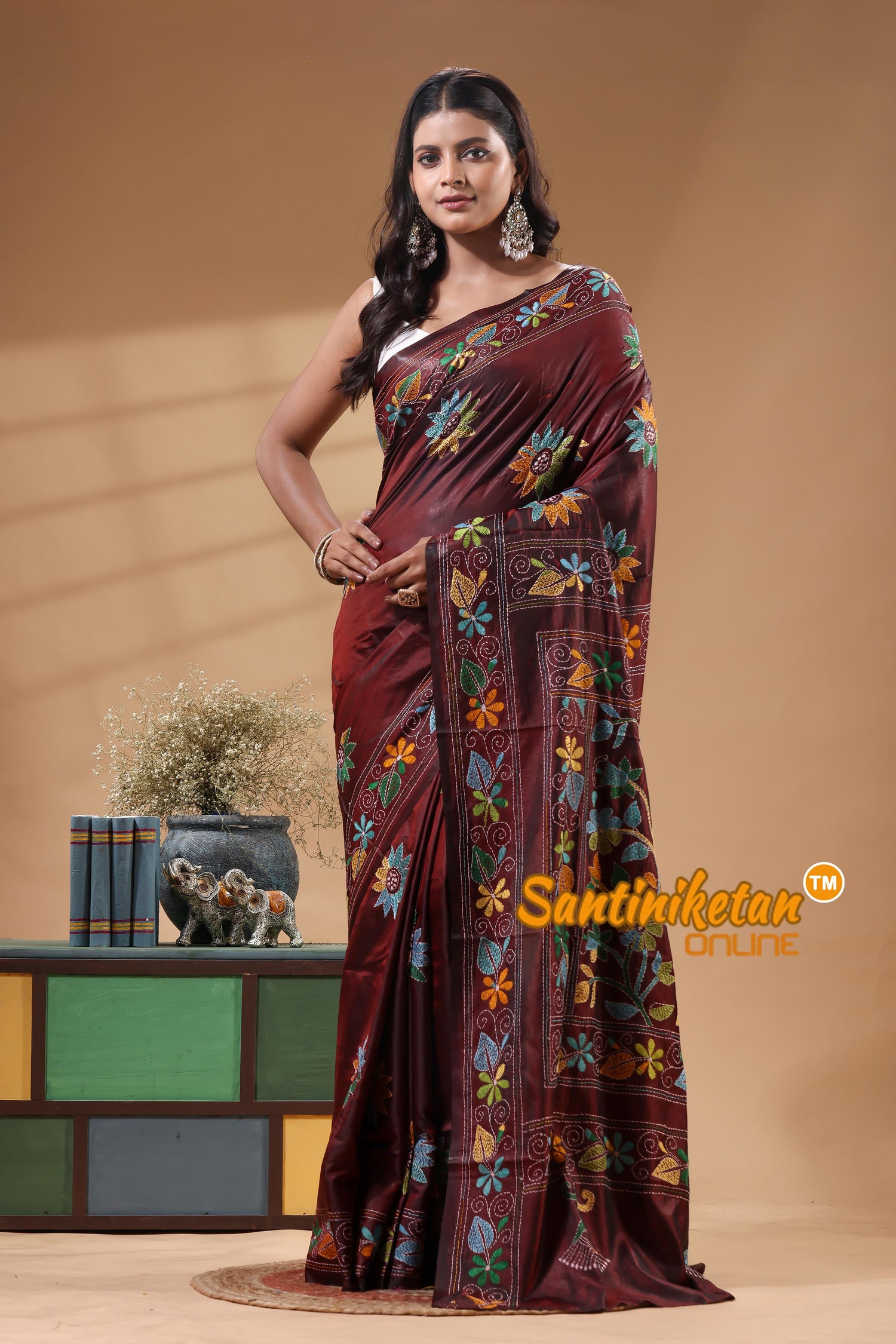 Bangalore Silk Kantha Stitch Saree