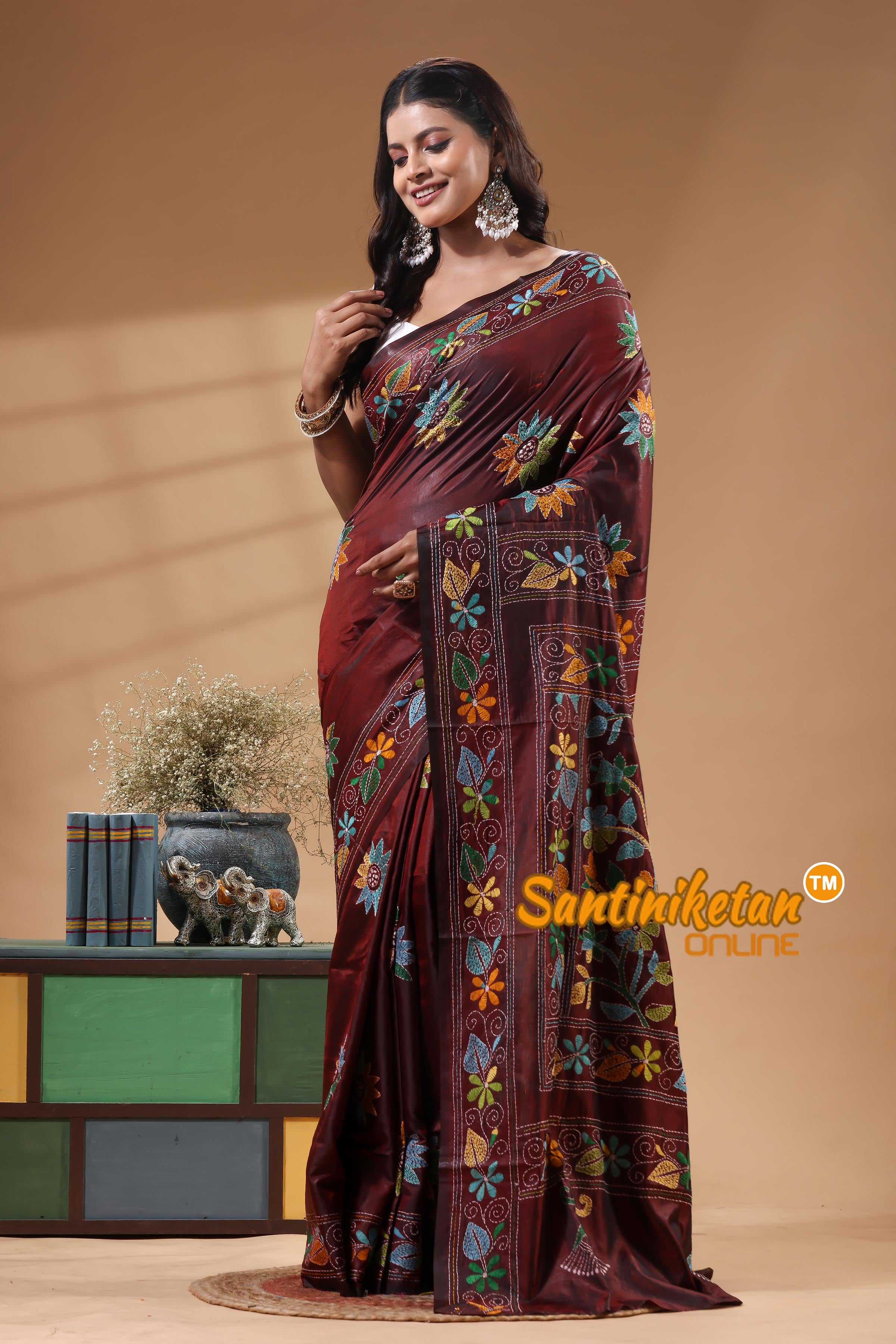 Bangalore Silk Kantha Stitch Saree