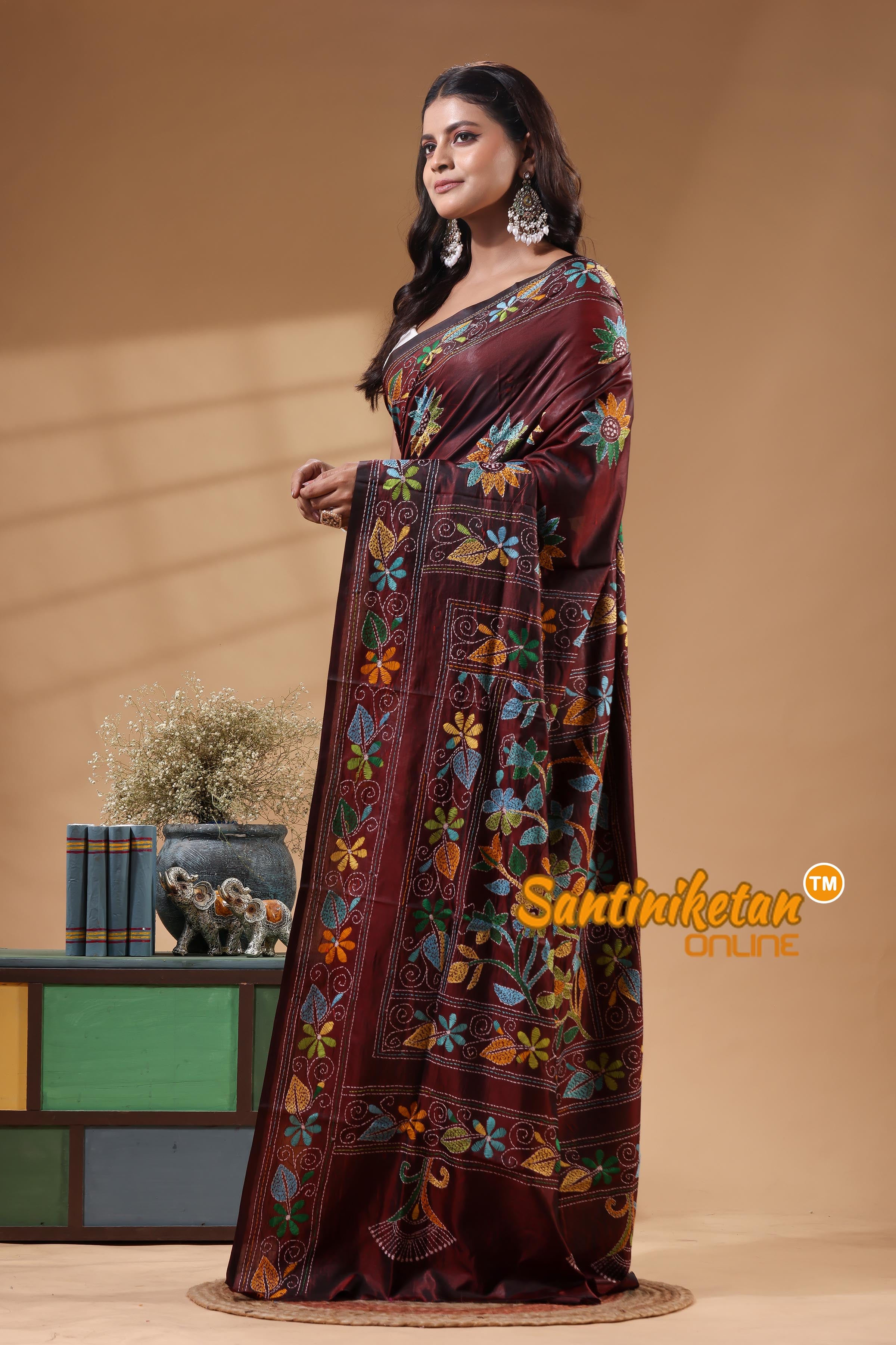 Bangalore Silk Kantha Stitch Saree