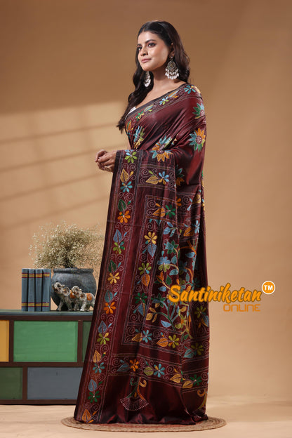 Bangalore Silk Kantha Stitch Saree
