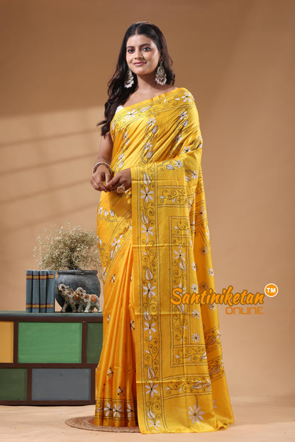 Bangalore Silk Kantha Stitch Saree