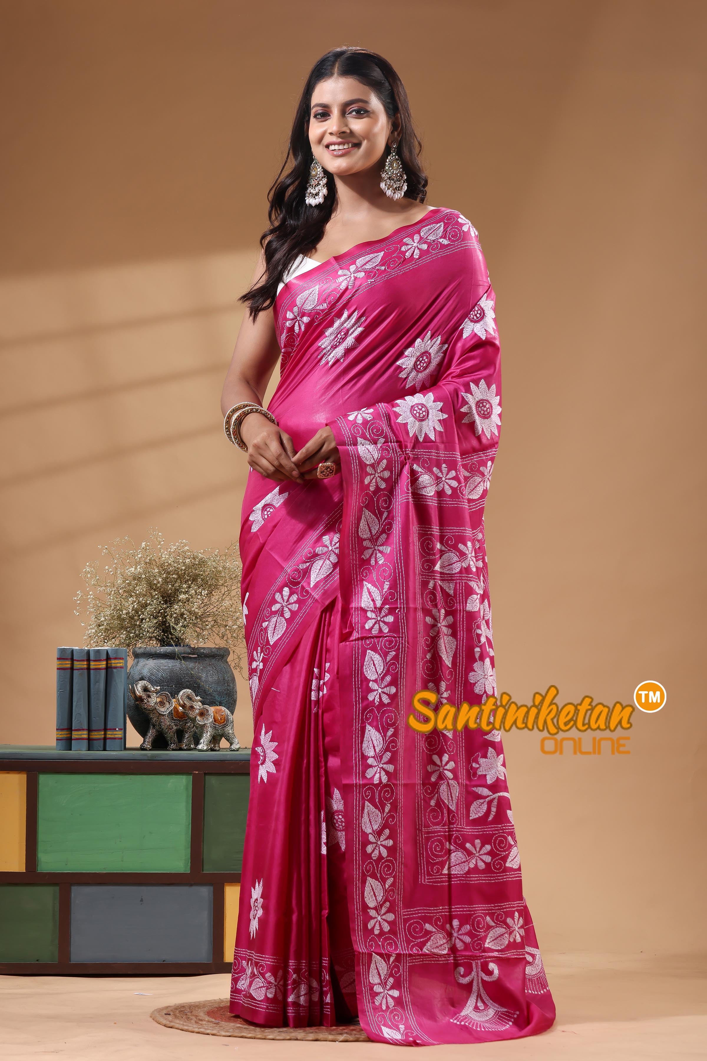 Bangalore Silk Kantha Stitch Saree