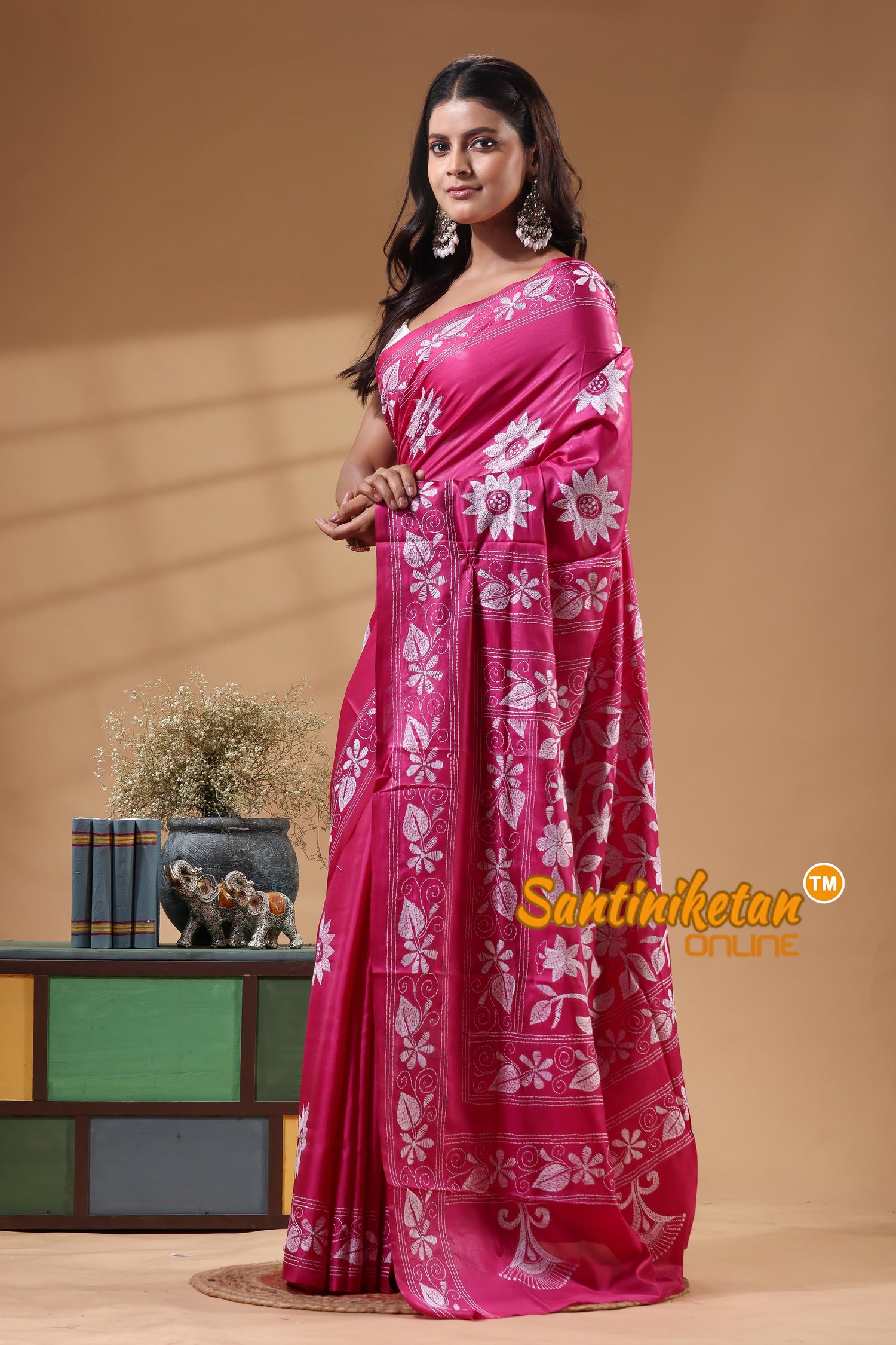 Bangalore Silk Kantha Stitch Saree