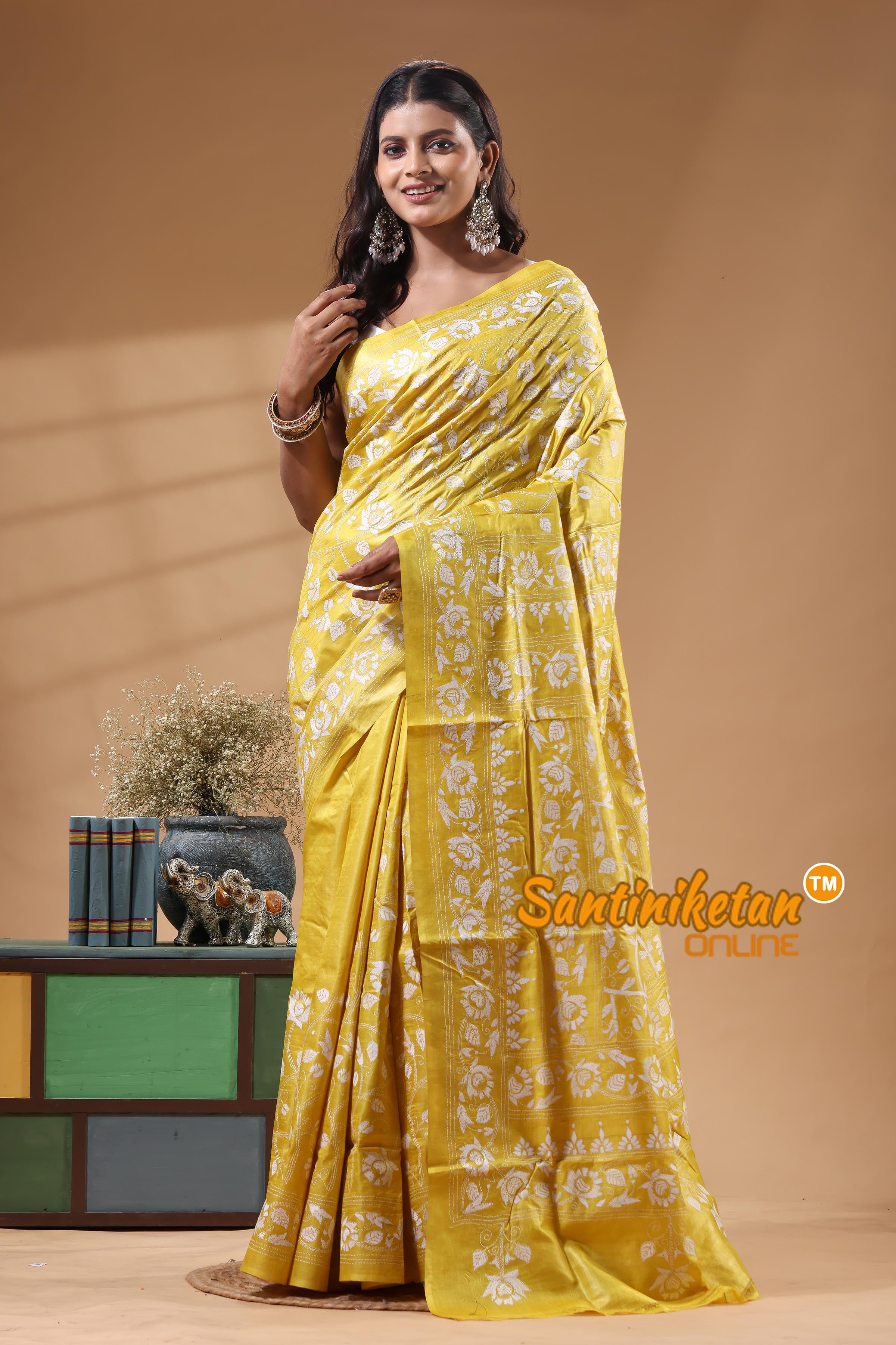 Pure Gachi Dye Tussar Silk Kantha Stitch Saree