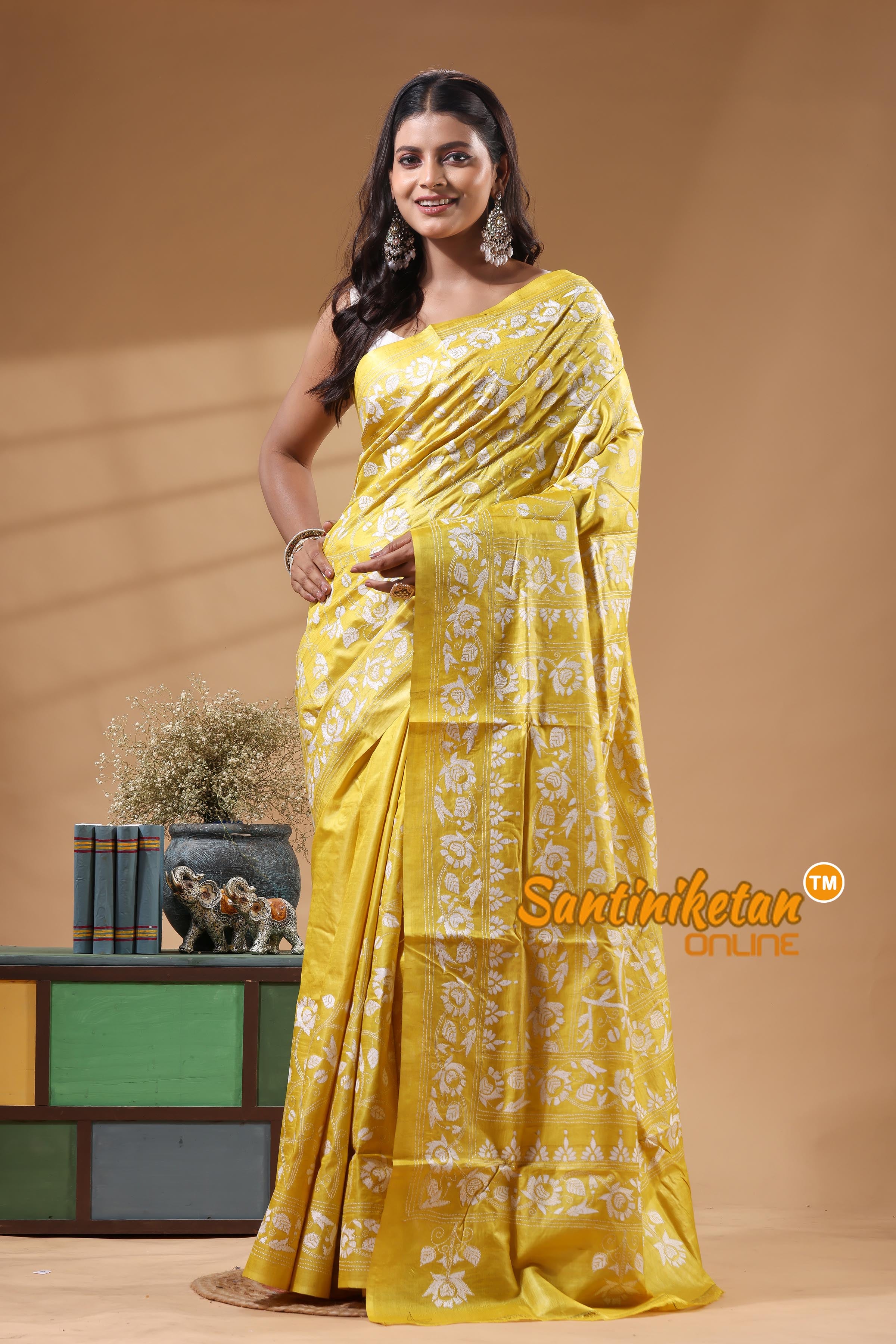 Pure Gachi Dye Tussar Silk Kantha Stitch Saree