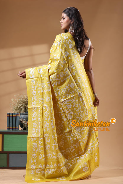 Pure Gachi Dye Tussar Silk Kantha Stitch Saree
