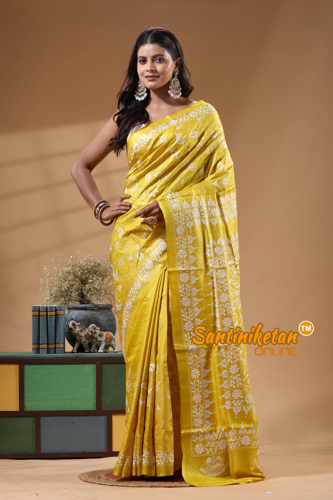 Pure Gachi Dye Tussar Silk Kantha Stitch Saree
