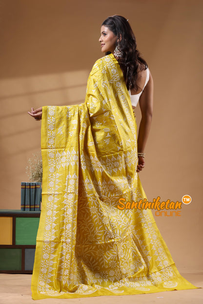 Pure Gachi Dye Tussar Silk Kantha Stitch Saree